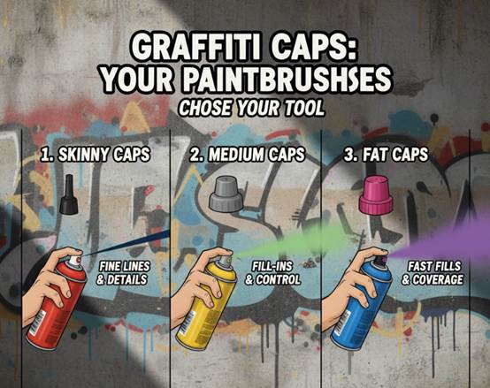Skinny, medium, and fat Spray Paint Can Caps