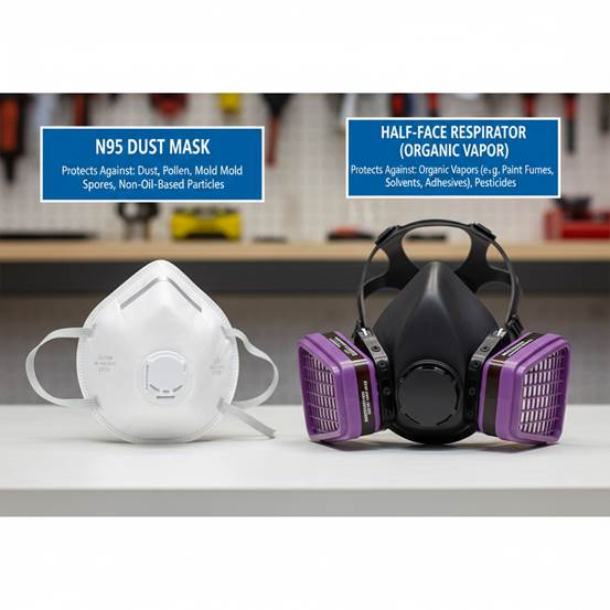 A side-by-side comparison of an N95 dust mask and a half-face respirator with organic vapor cartridges, with clear labels explaining what each protects against.